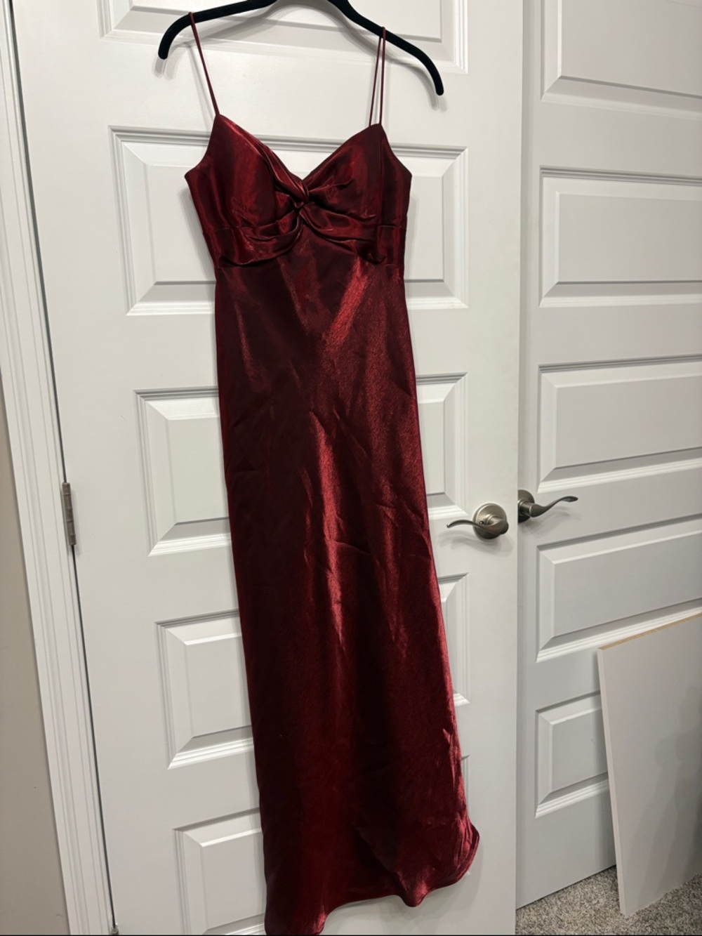 Ignite Evenings Burgundy Satin Maxi Slip Dress with Twist Front Rhinestone Back